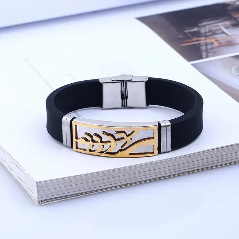 Stainless Steel Silicone Bracelet Black Gold Design - Image 3