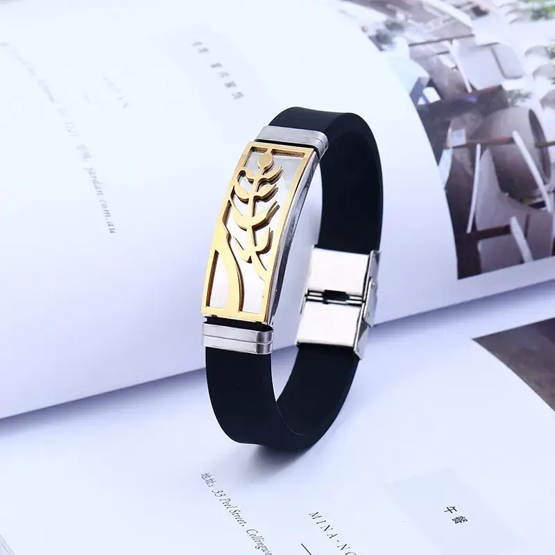 Stainless Steel Silicone Bracelet Black Gold Design - Image 4