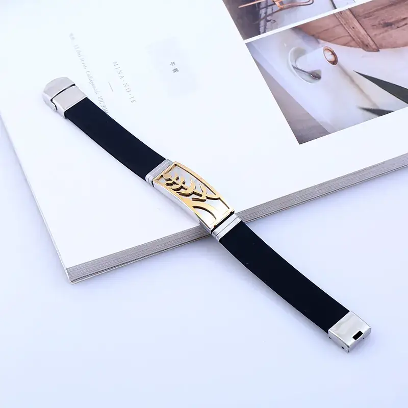 Stainless Steel Silicone Bracelet Black Gold Design - Image 5