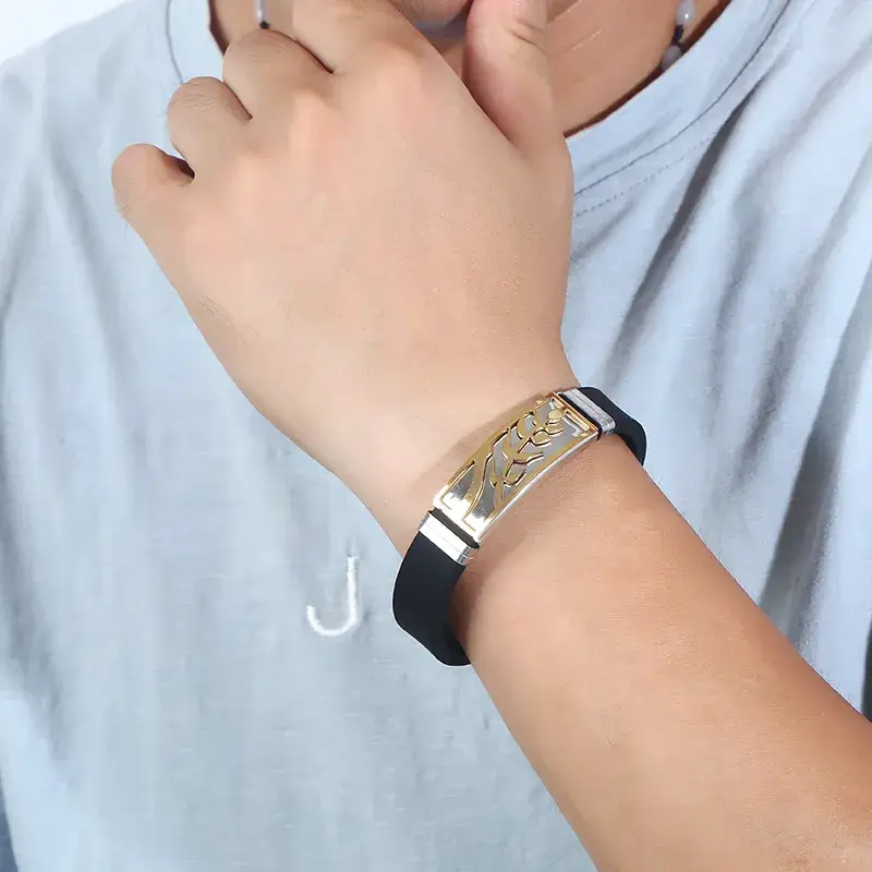Stainless Steel Silicone Bracelet Black Gold Design - Image 6