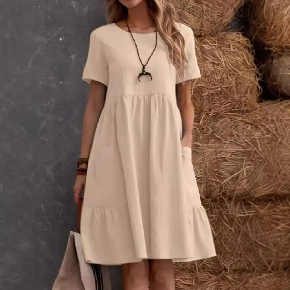 Women Cotton Linen Summer Dress Yellow Crewneck Loose Pocket - Image 6