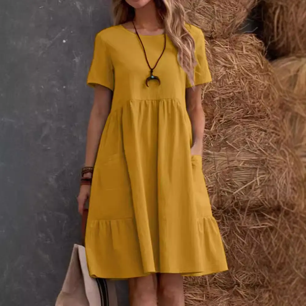 Women Cotton Linen Summer Dress Yellow Crewneck Loose Pocket - Image 8
