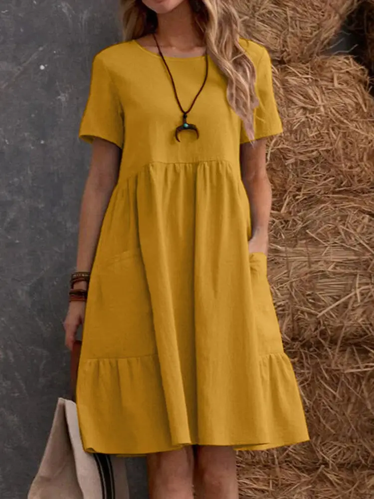 Women Cotton Linen Summer Dress Yellow Crewneck Loose Pocket - Image 3