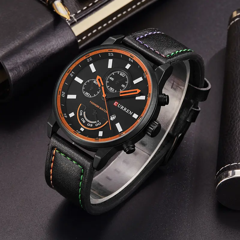 Men's Black Multi-Function Chronograph Watch with Leather Strap - Image 5