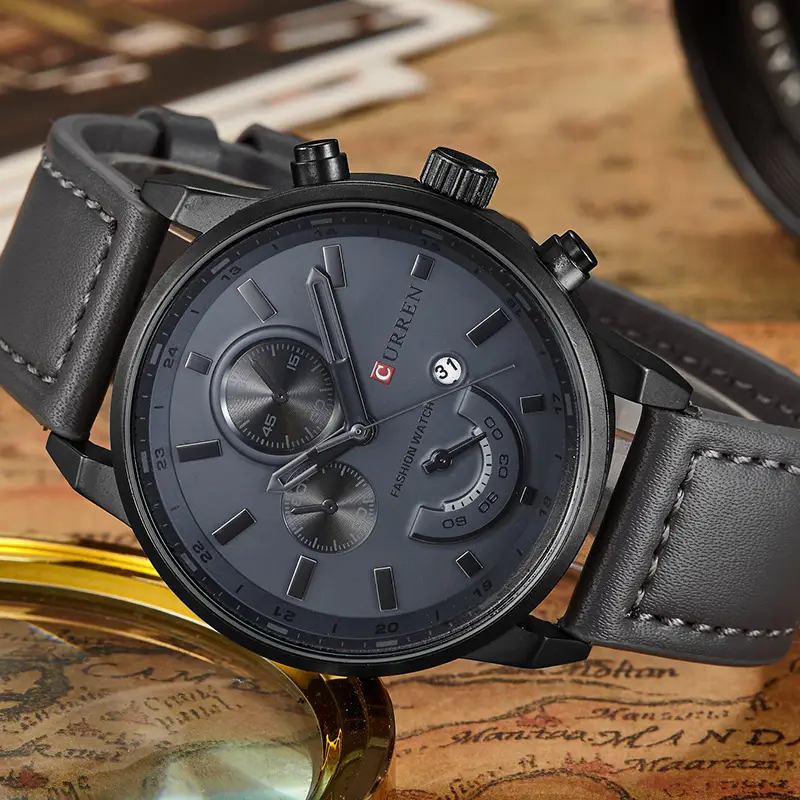 Men's Black Multi-Function Chronograph Watch with Leather Strap - Image 6