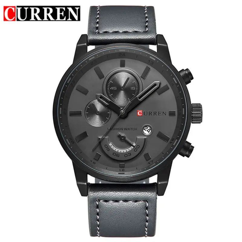 Men's Black Multi-Function Chronograph Watch with Leather Strap - Image 3