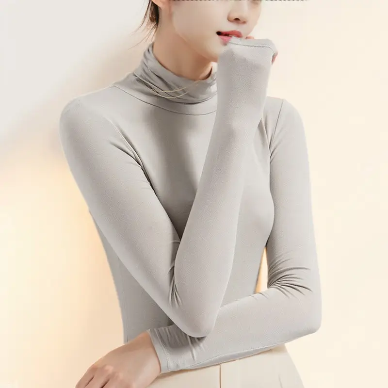 Women Long Sleeve Turtleneck T-Shirt Grey Modal - Image 19