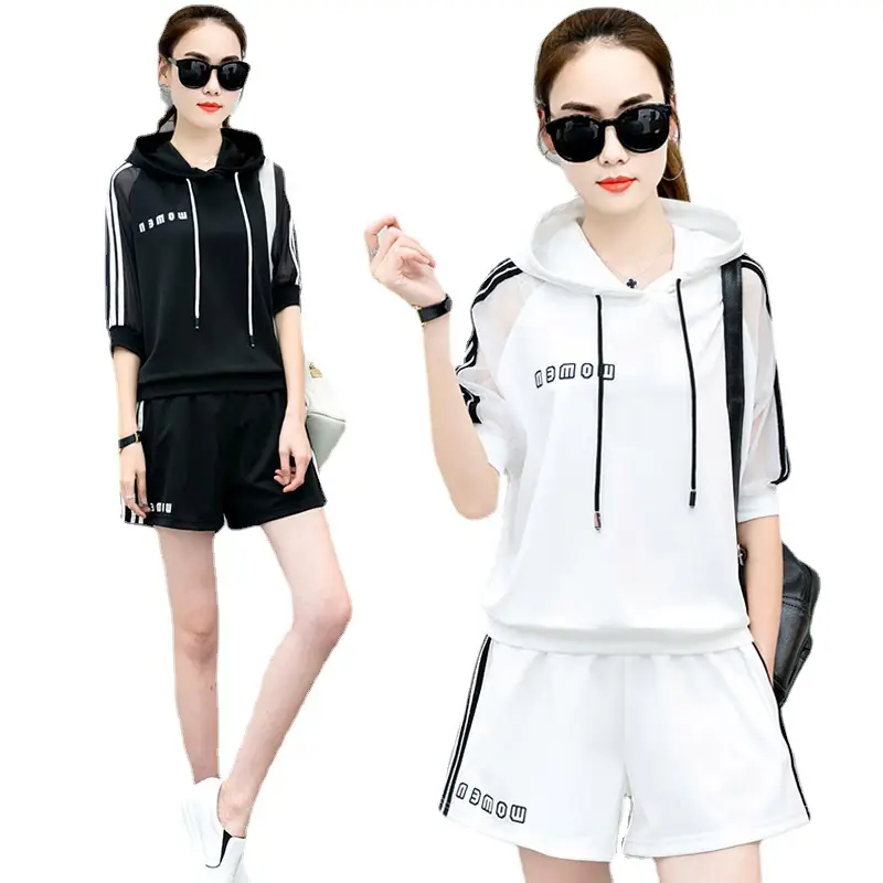 Women White Mesh Hoodie Shorts Set Summer Wear