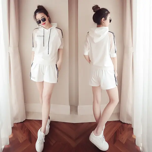 Women White Mesh Hoodie Shorts Set Summer Wear