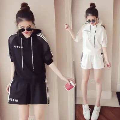 Women White Mesh Hoodie Shorts Set Summer Wear
