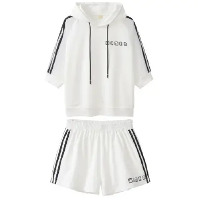 Women White Mesh Hoodie Shorts Set Summer Wear
