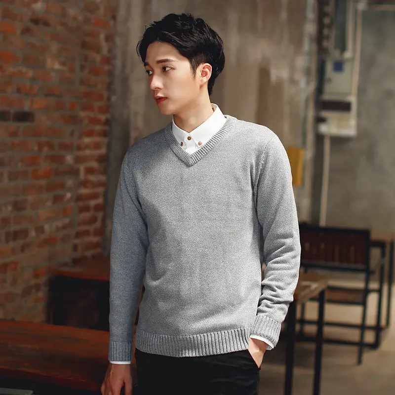 Men's Grey Knit V-neck Sweater Winter Casual Slim Fit - Image 10