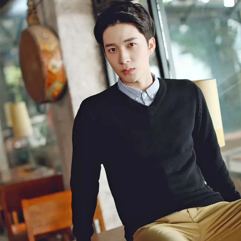 Men's Grey Knit V-neck Sweater Winter Casual Slim Fit - Image 11