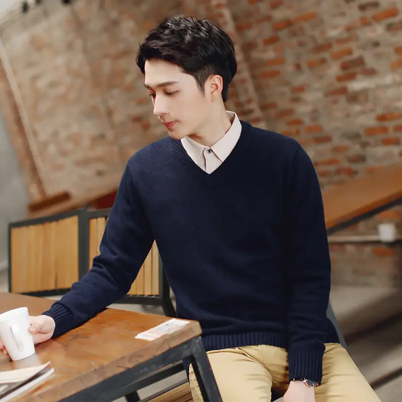 Men's Grey Knit V-neck Sweater Winter Casual Slim Fit - Image 3