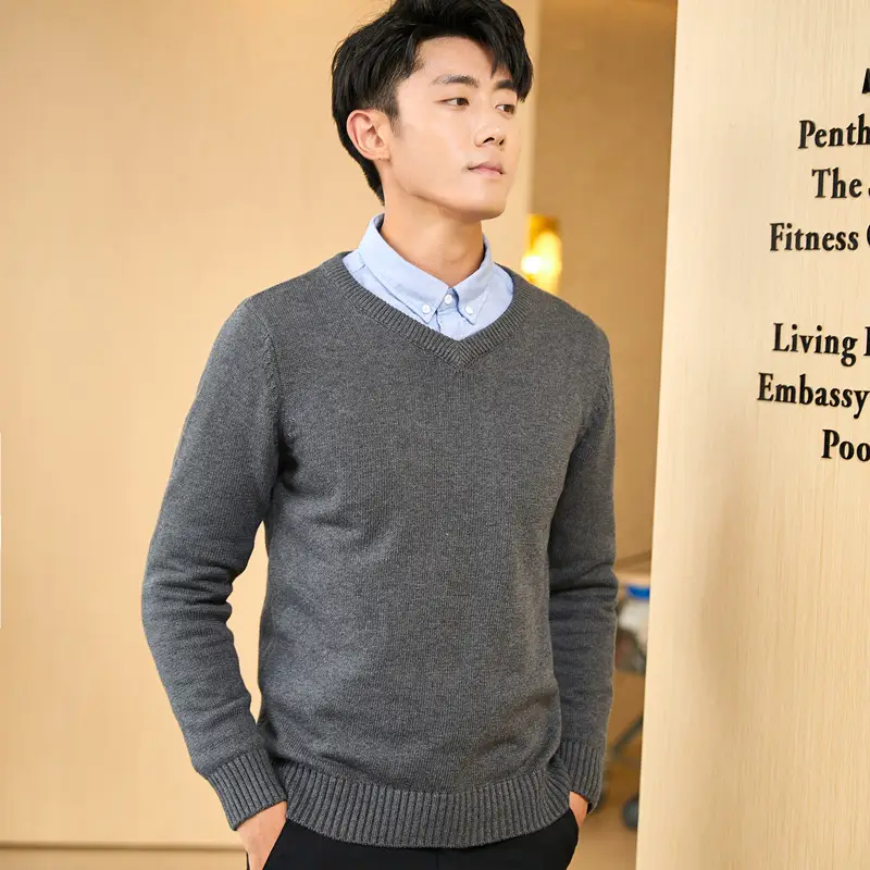 Men's Grey Knit V-neck Sweater Winter Casual Slim Fit - Image 4