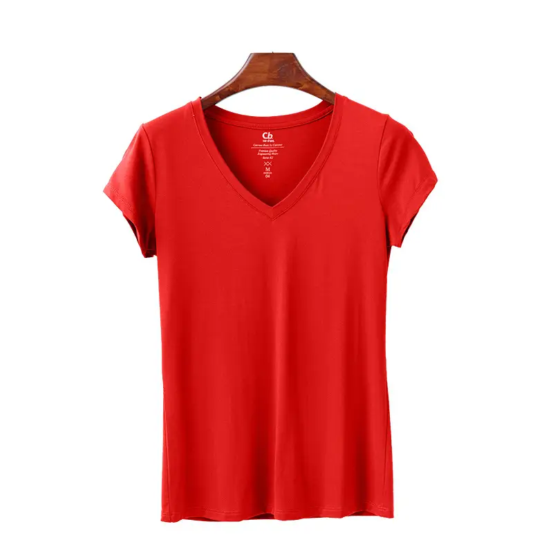 Women White V-Neck Short Sleeve T-Shirt Modal - Image 7