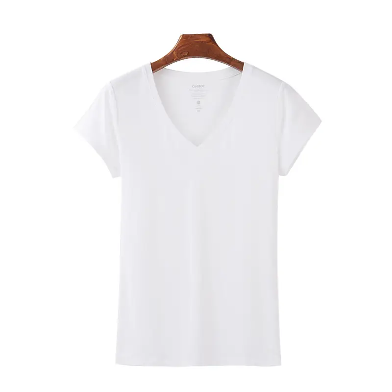 Women White V-Neck Short Sleeve T-Shirt Modal - Image 5