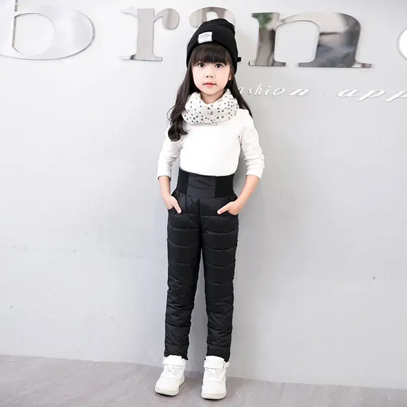 Black High Waist Slim Fit Puffer Pants for Kids Winter Wear