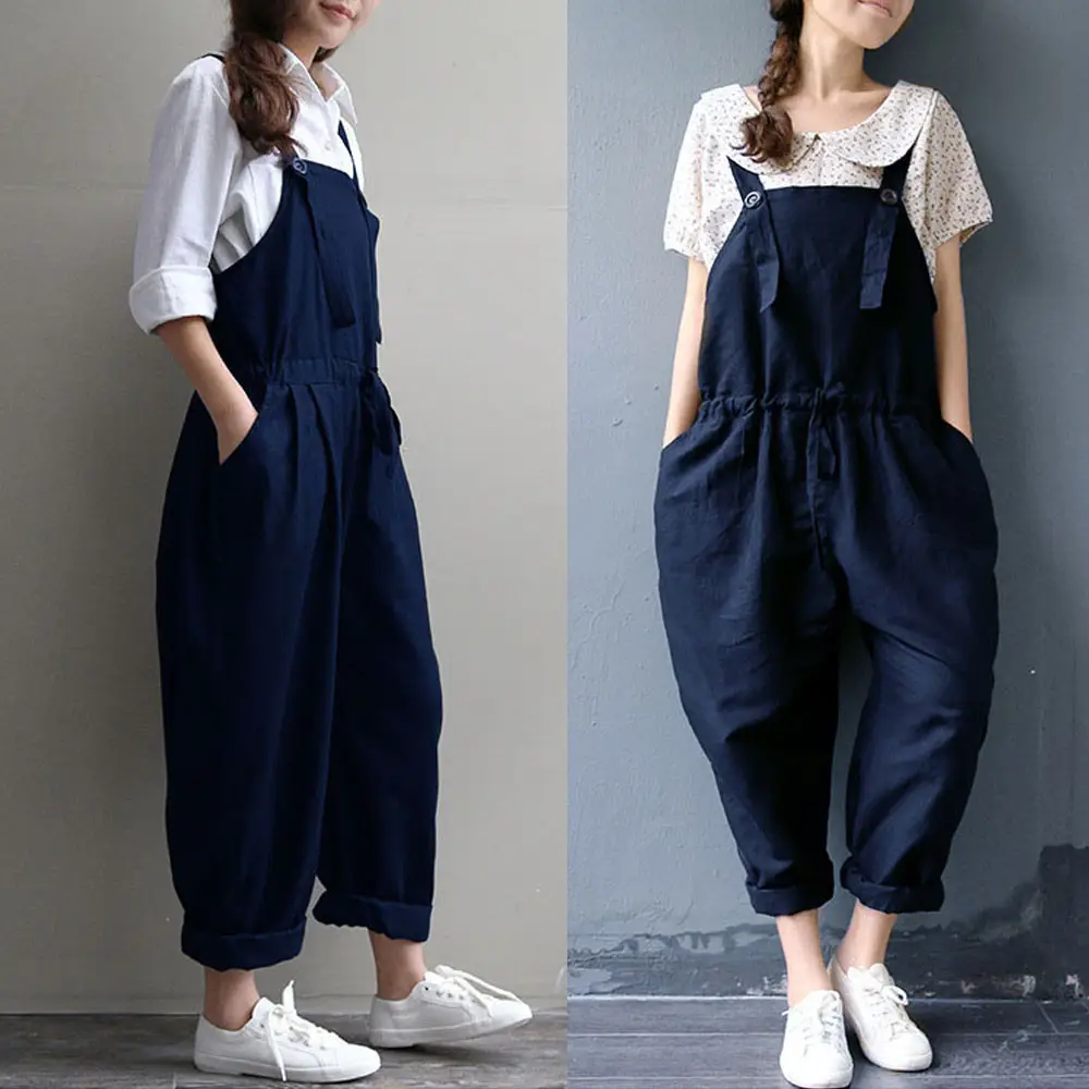 2017 Spring Overalls Navy Blue Plus Size Loose Fit