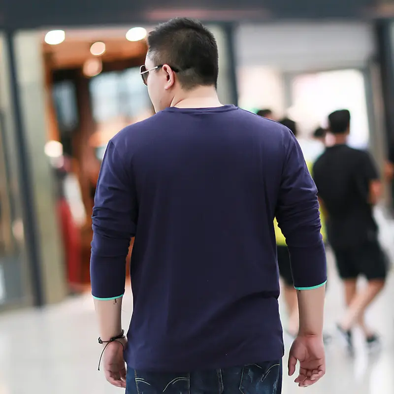 Men's Fat Blue Loose T-Shirt Geometric Pattern Long Sleeve Base - Image 3