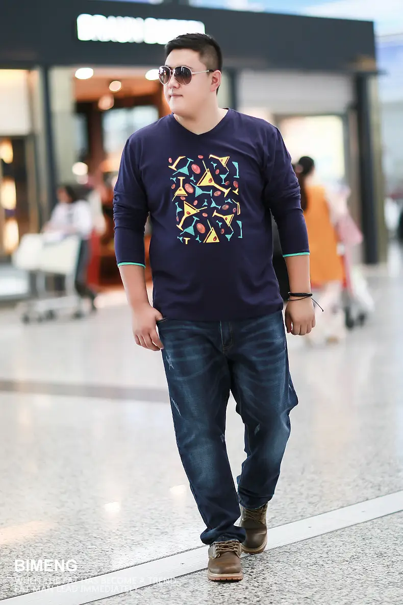Men's Fat Blue Loose T-Shirt Geometric Pattern Long Sleeve Base — feature 1