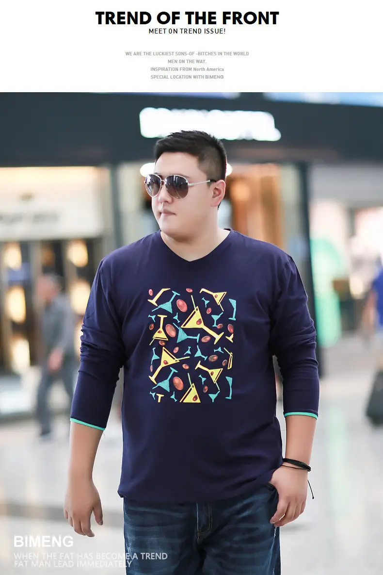 Men's Fat Blue Loose T-Shirt Geometric Pattern Long Sleeve Base — feature 4
