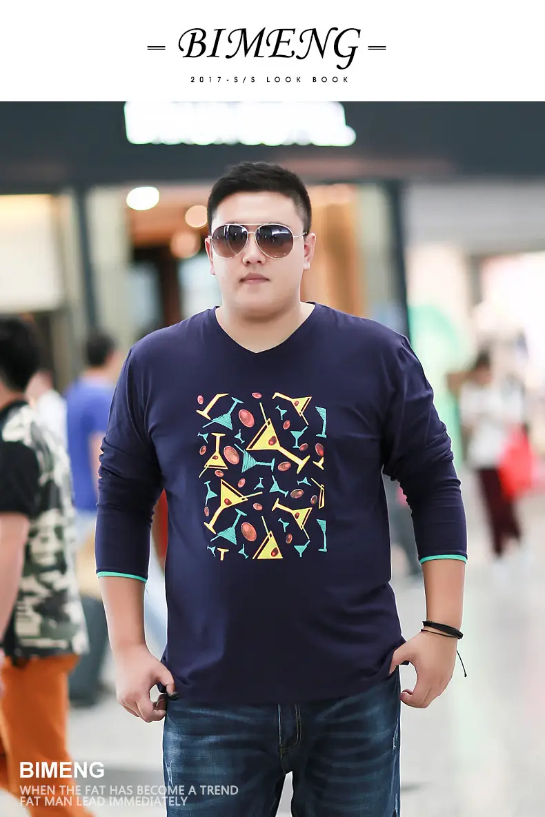 Men's Fat Blue Loose T-Shirt Geometric Pattern Long Sleeve Base — feature 5