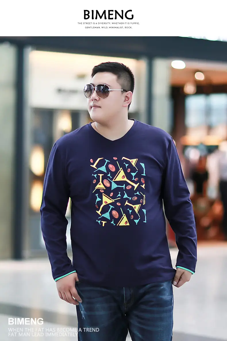Men's Fat Blue Loose T-Shirt Geometric Pattern Long Sleeve Base — feature 6