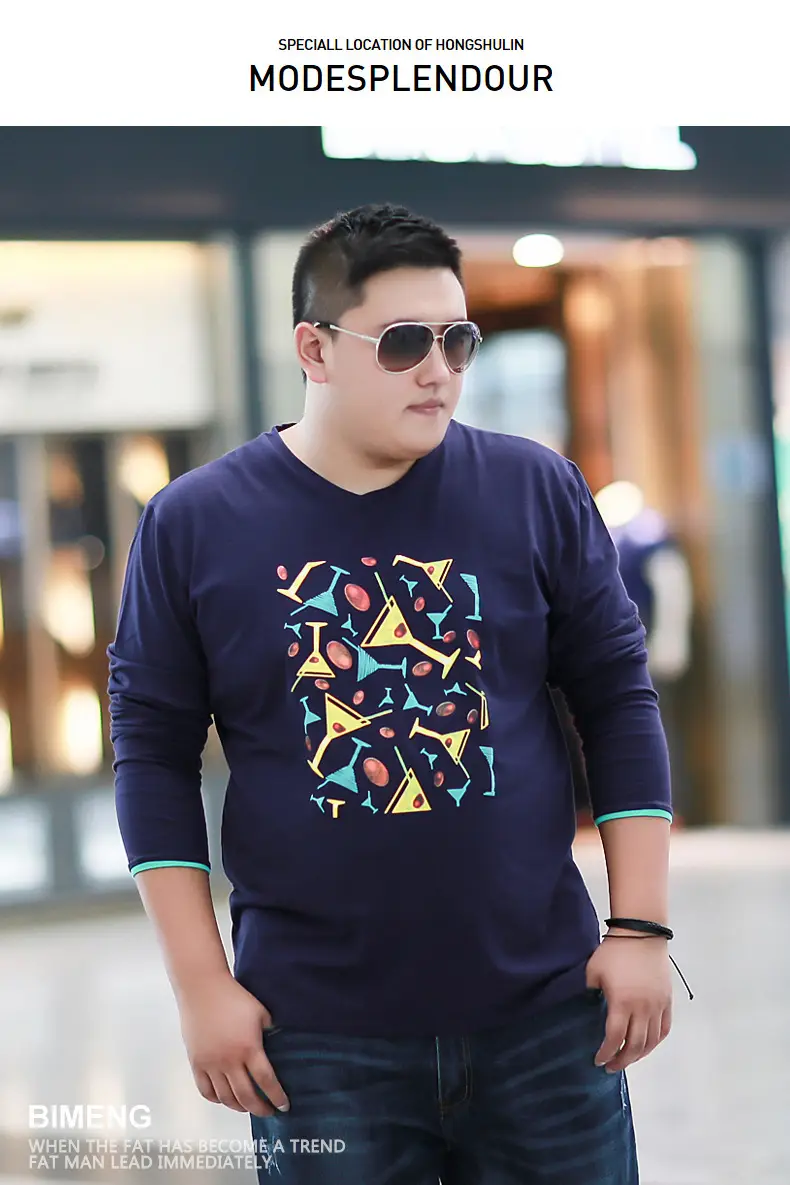 Men's Fat Blue Loose T-Shirt Geometric Pattern Long Sleeve Base — feature 7