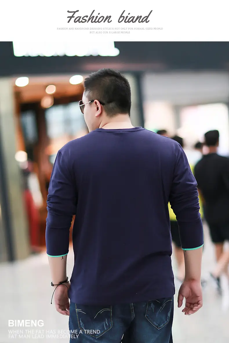 Men's Fat Blue Loose T-Shirt Geometric Pattern Long Sleeve Base — feature 8