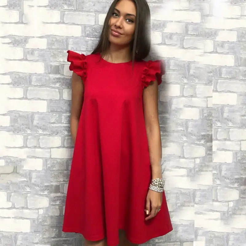 Red Lotus Leaf Sleeve Dress for Women Spring Summer