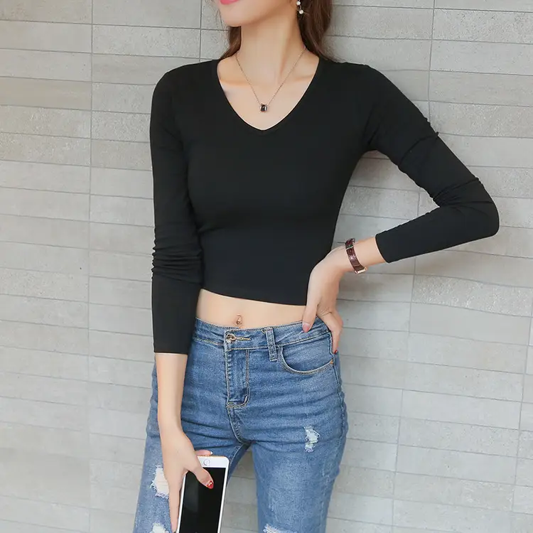 Women V-Neck Long Sleeve Cotton Top White 2023 - Image 8