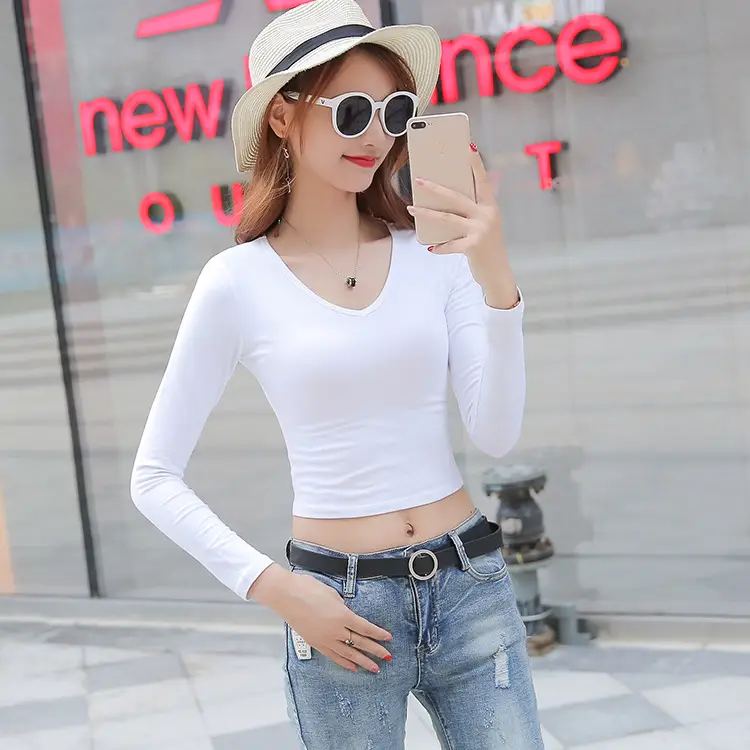 Women V-Neck Long Sleeve Cotton Top White 2023 - Image 9