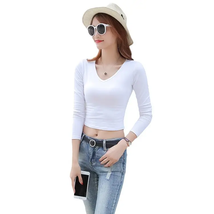 Women V-Neck Long Sleeve Cotton Top White 2023 - Image 11