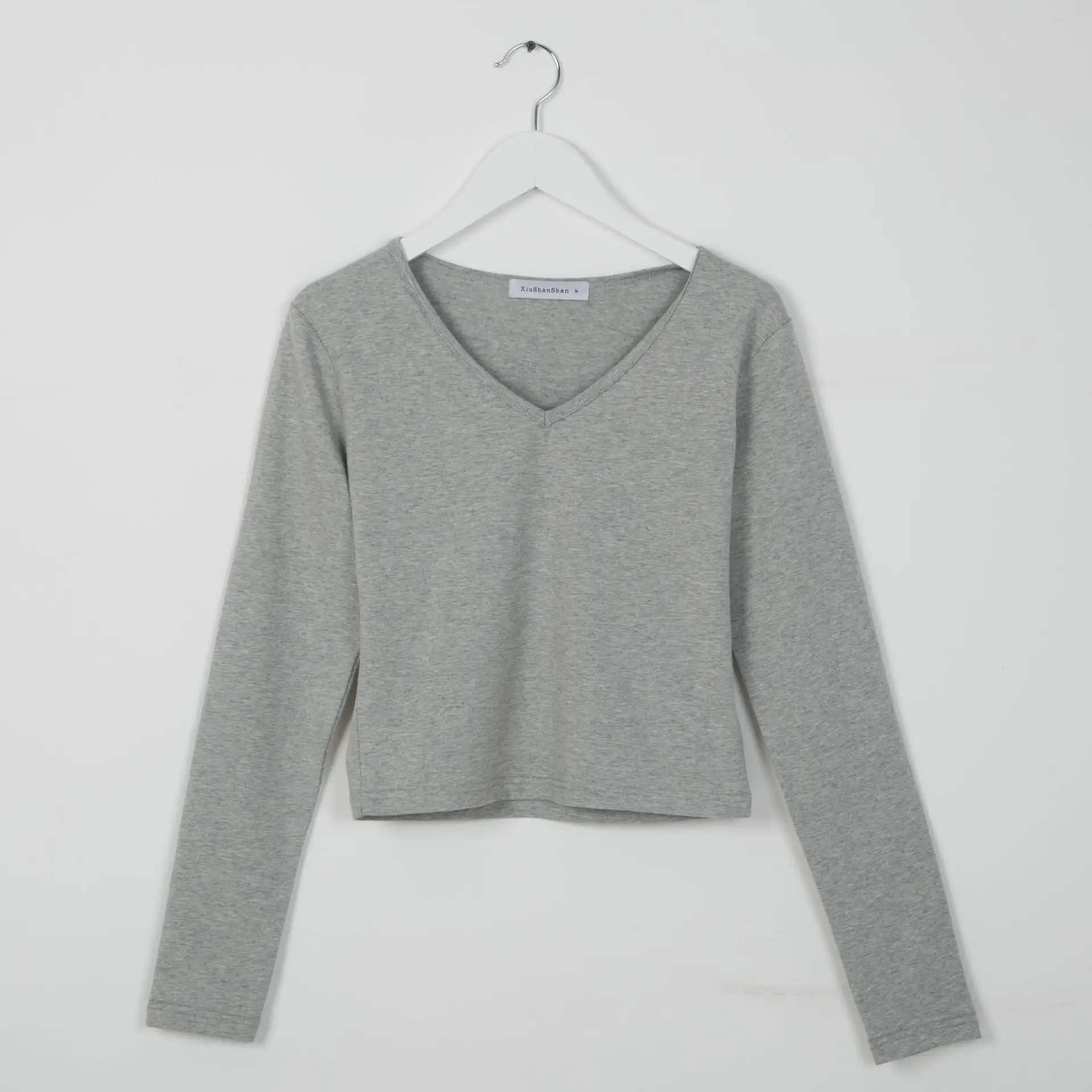 Women V-Neck Long Sleeve Cotton Top White 2023 - Image 2