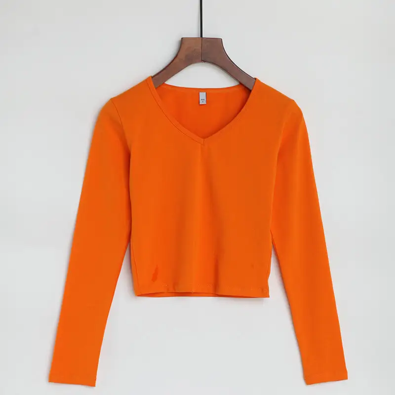 Women V-Neck Long Sleeve Cotton Top White 2023 - Image 4
