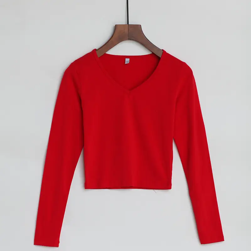 Women V-Neck Long Sleeve Cotton Top White 2023 - Image 5