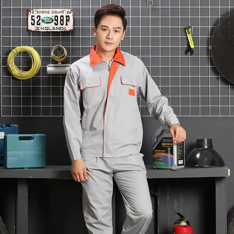 Men Grey Work Suit with Orange Collar Long Sleeve - Image 2