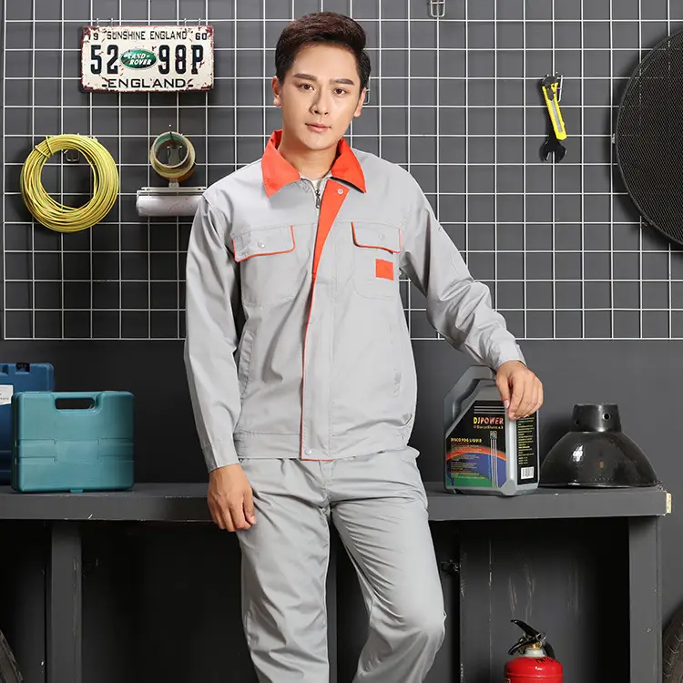 Men Grey Work Suit with Orange Collar Long Sleeve - Image 3