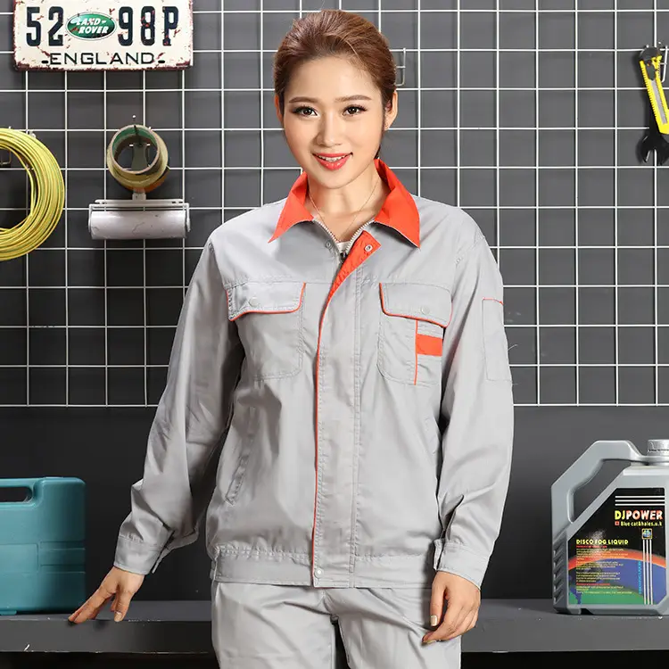 Men Grey Work Suit with Orange Collar Long Sleeve - Image 4