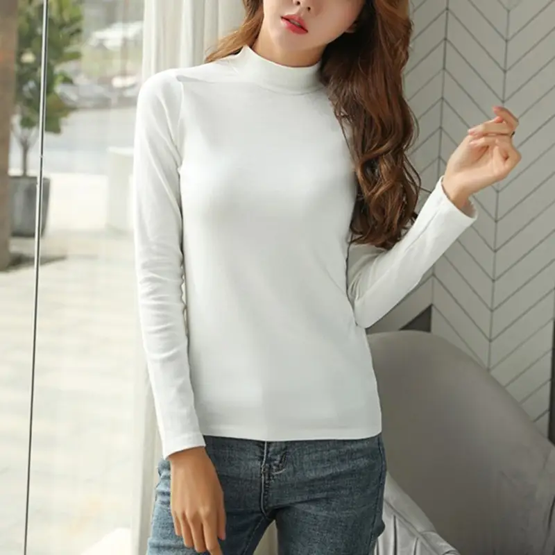 Women White Long Sleeve Turtleneck T-Shirt 2025 - Image 9