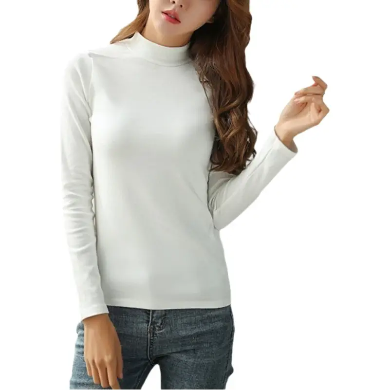 Women White Long Sleeve Turtleneck T-Shirt 2025