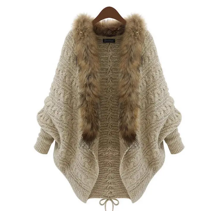 Knitted Fur Collar Sweater Coat for Women - Image 3