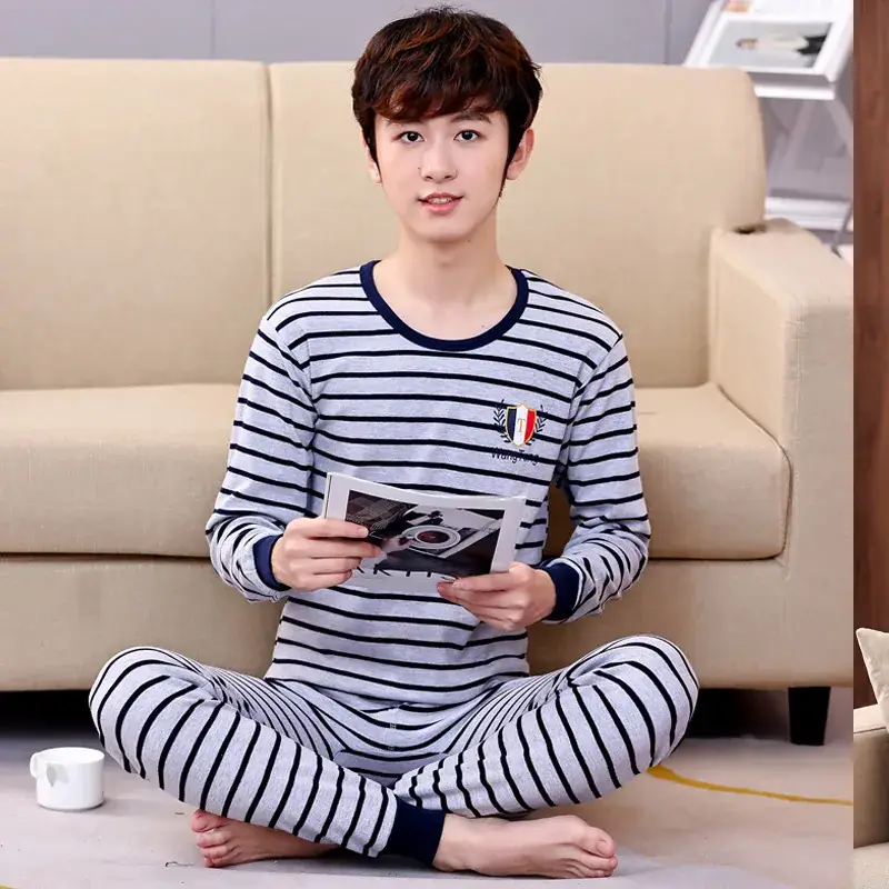Boy's Striped Cotton Pajama Set Blue White Medium - Image 14