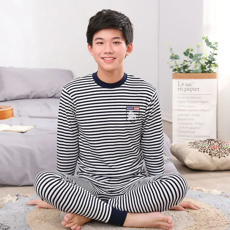 Boy's Striped Cotton Pajama Set Blue White Medium - Image 18