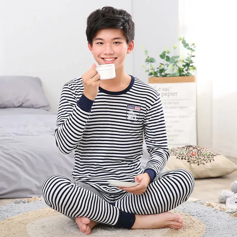 Boy's Striped Cotton Pajama Set Blue White Medium - Image 19