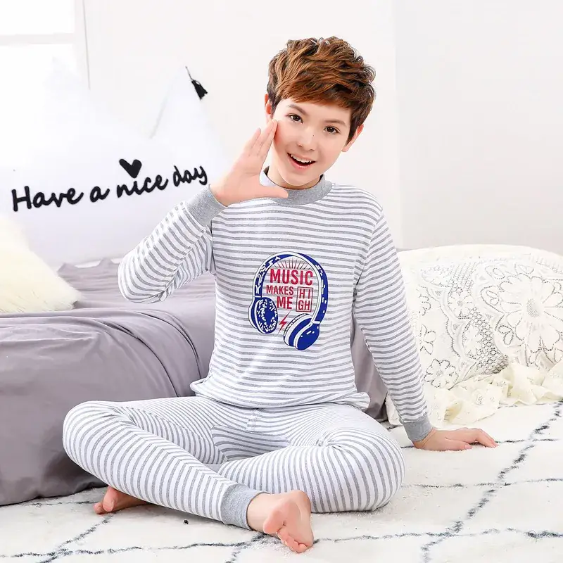 Boy's Striped Cotton Pajama Set Blue White Medium - Image 20