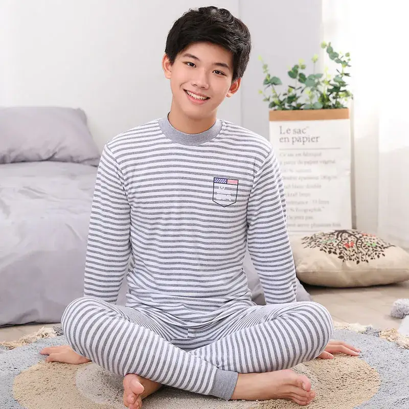 Boy's Striped Cotton Pajama Set Blue White Medium - Image 21