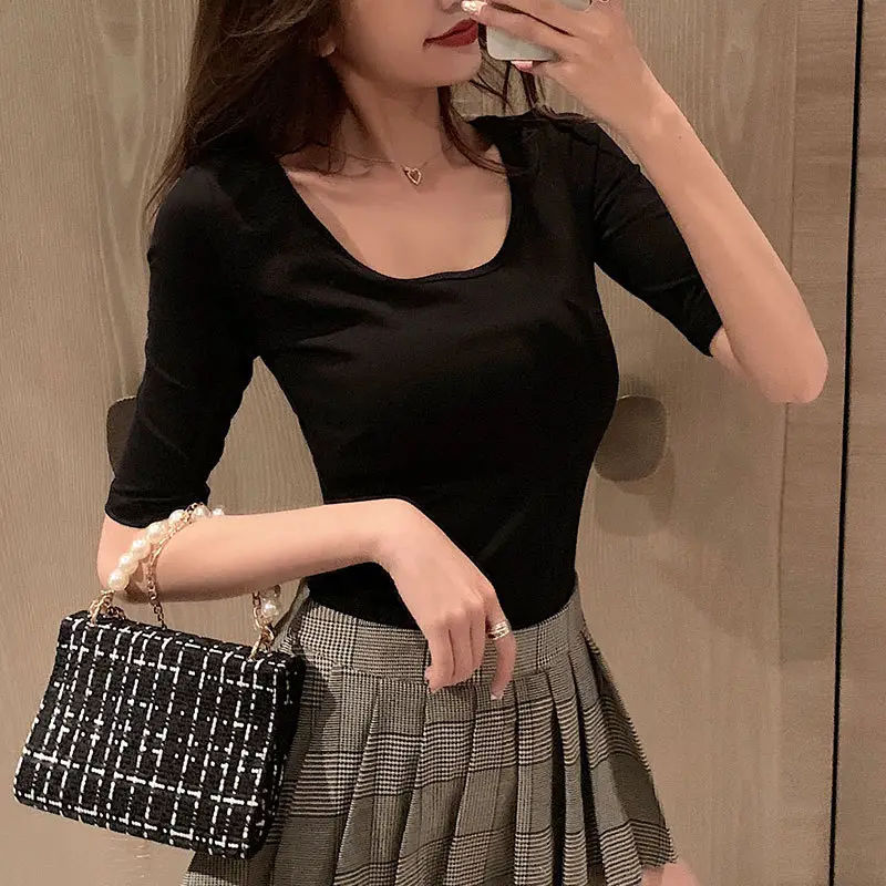 Women Korean Style Yellow T-shirt Mid Sleeve