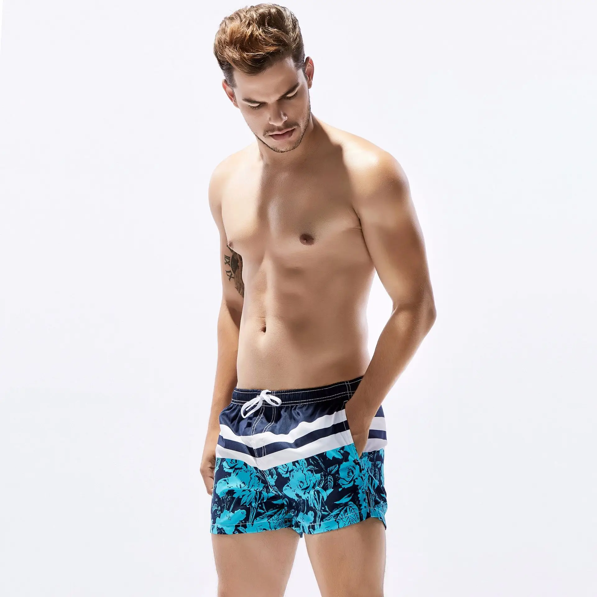 Men's Blue Patterned Quick-Drying Beach Shorts